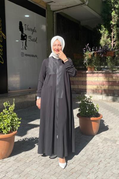 File paraşut detaylı ferace Siyah