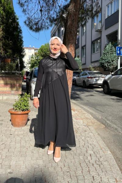 File ve şifon detaylı elbıse Siyah