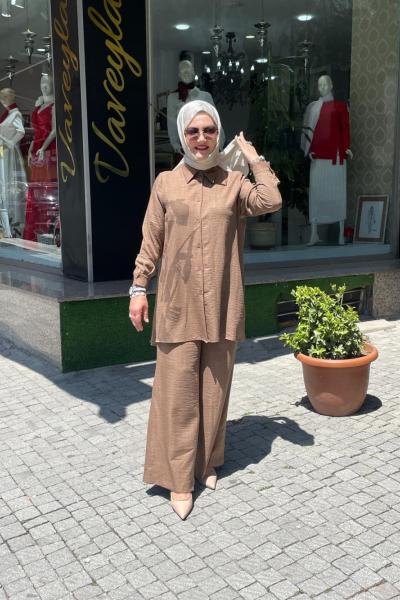 Fırca desenlı pantolonlu takım Kahverengi