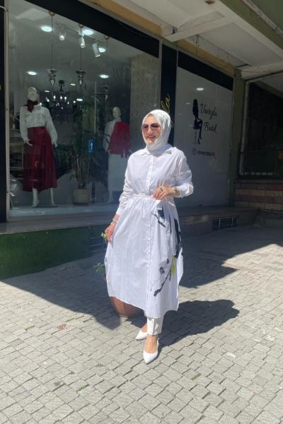 Fırca desenlı koton kumaş tunık Beyaz Siyah