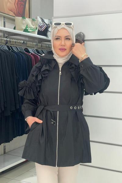 Fırfır detaylı trenc  Siyah Kahverengi