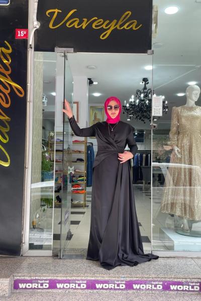 Fıyonklu saten abiye Siyah