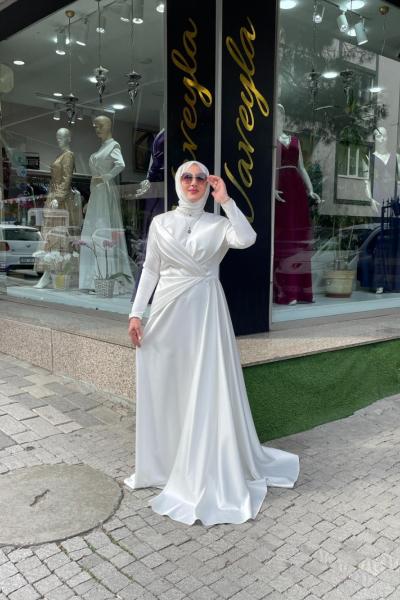 Fıyonklu saten abiye Beyaz