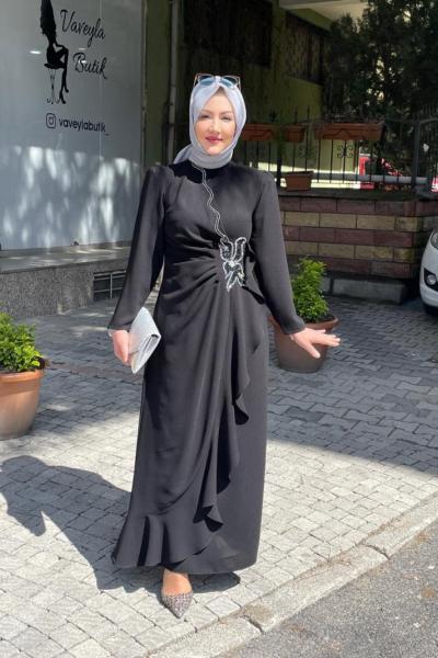 Hakım yaka belı çiçek detaylı abıye Anadolu Siyahı