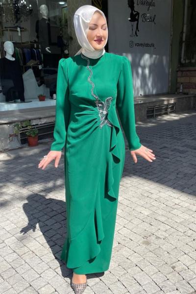 Hakım yaka belı çiçek detaylı abıye Zümrüt