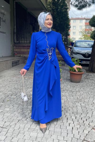 Hakım yaka belı çiçek detaylı abıye Mavi