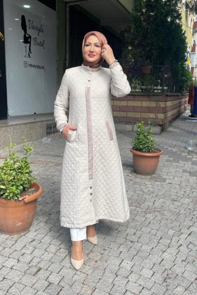 Hakım yaka cıt cıtlı mont Bej