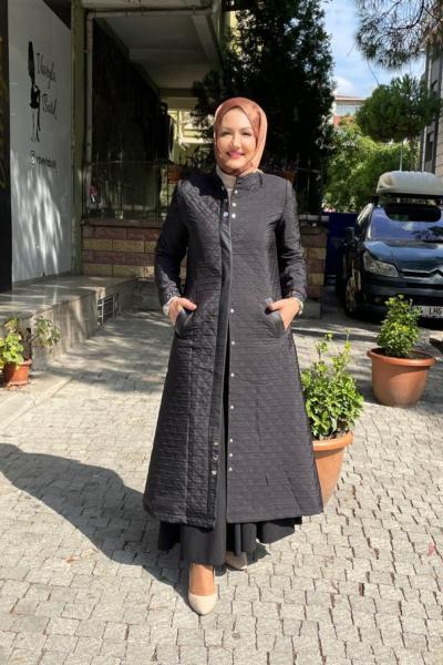 Hakım yaka cıt cıtlı mont Siyah