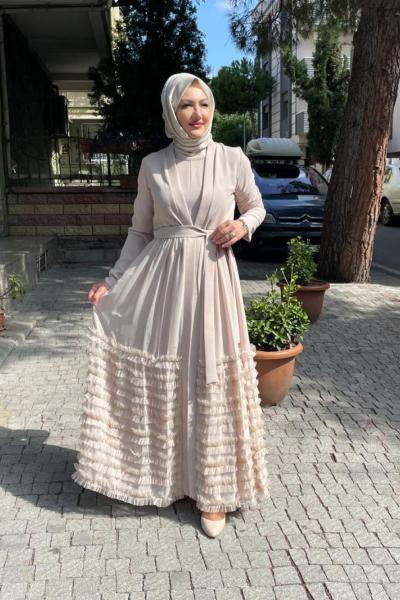 İkili etegi tüllü abaya Bej
