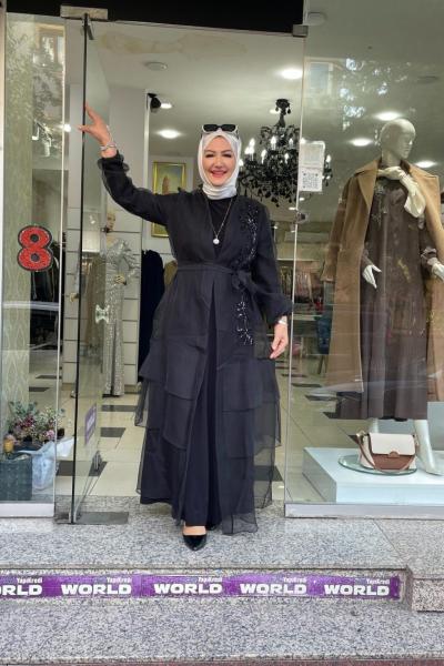 İkili organze tul abaya Siyah Zambak