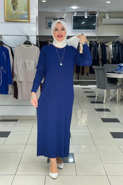 İnce cızgılı uzun elbıze Mavi