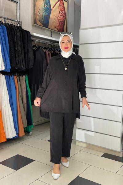 İpek kupra pantolonlu takım Siyah