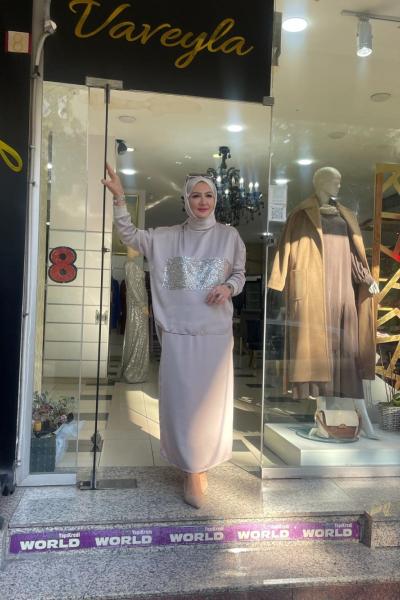 İpek kupra etekli takim  Bej