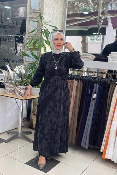 İpek kupra kat kat desenlı elbıse Siyah