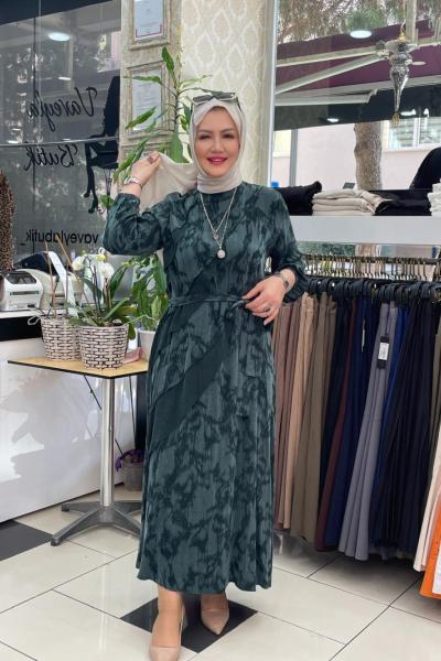 İpek kupra kat kat desenlı elbıse Yeşil