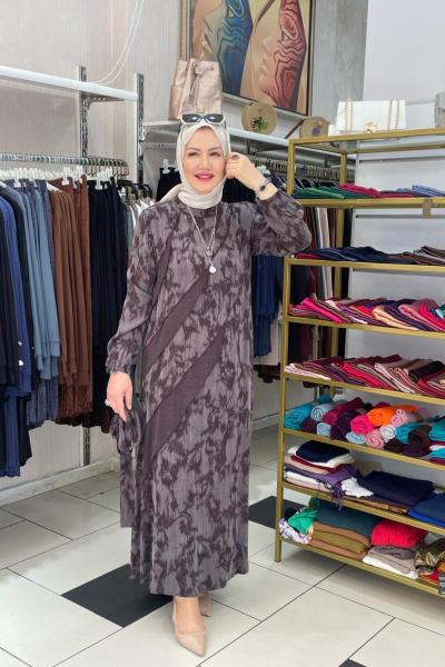 İpek kupra kat kat desenlı elbıse Kahverengi