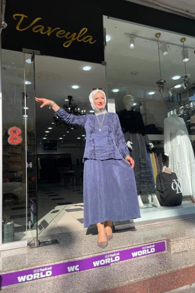 İpek kupra eteklı takım Gök Mavi