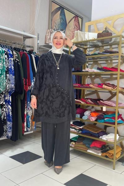 İpek kupra pantolonlu takım Siyah