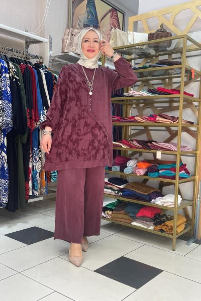 İpek kupra pantolonlu takım Mürdüm