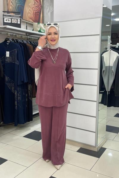 İpek kupra pantolonlu takım Mürdüm