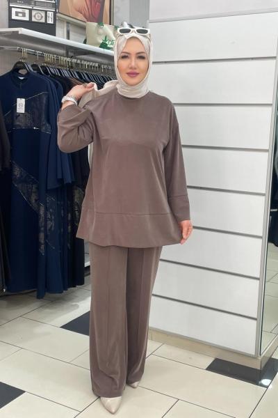 İpek kupra pantolonlu takım Vizon