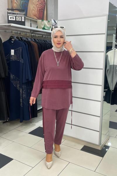 İpli pantolonlu takım Mürdüm