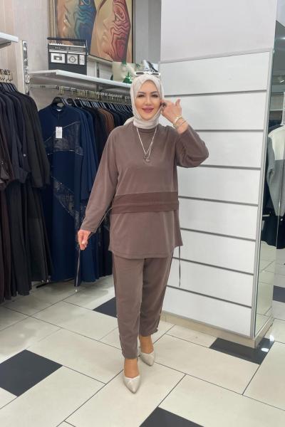 İpli pantolonlu takım Vizon