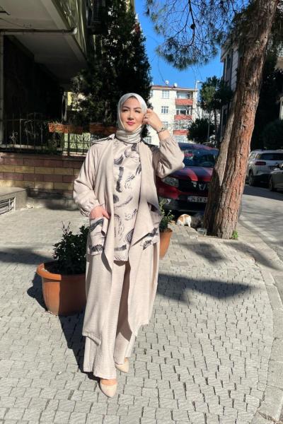 İrı ceplı 3lü  pantolonlu takım  Bej