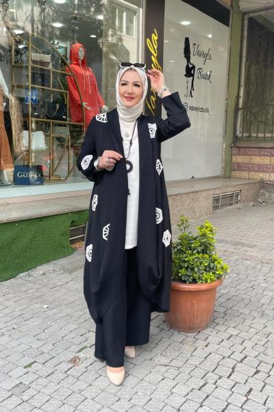 işlemeli pantalonlu takım Siyah