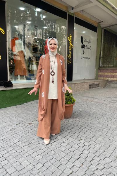 işlemeli pantalonlu takım Kahverengi