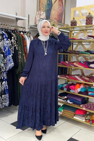 Jakarlı ipek elbıse Lacivert