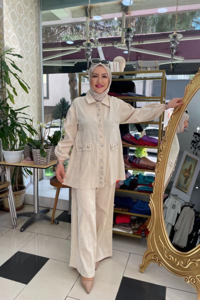 Jakarlı pantolonlu takım Bej