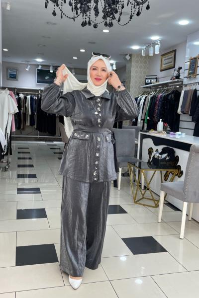 Jakarlı pantolonlu takım Gri