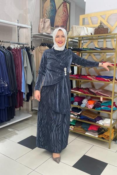 Jakarlı tül abiye beli taşli Füme