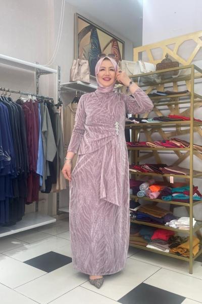 Jakarlı tül abiye beli taşli Pudra