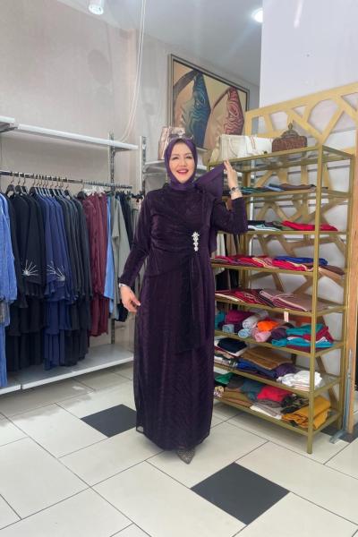 Jakarlı tül abiye beli taşli Mor