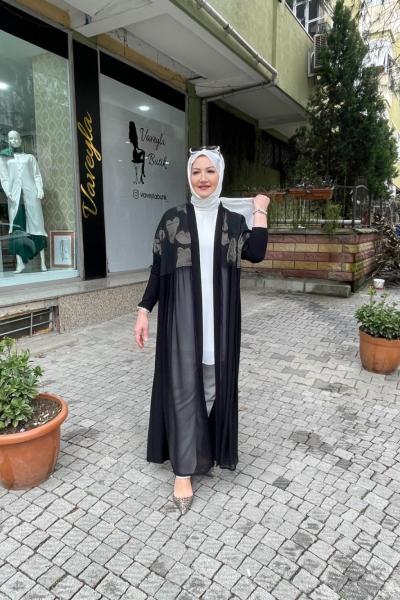 Kabartma desen şifon detaylı abaya Anadolu Siyahı