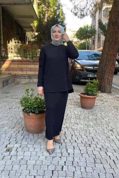 Kalem eteklı takım esnek krep kumaş Siyah