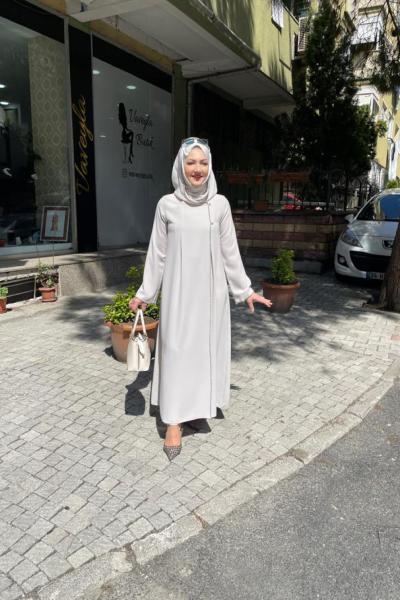 Kapşonlu yakası ve kolu taşlı  krep ferace Taş Rengi