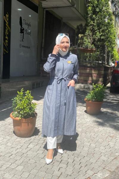 Kapşonlu beli bagcıklı kap Açık Mavi