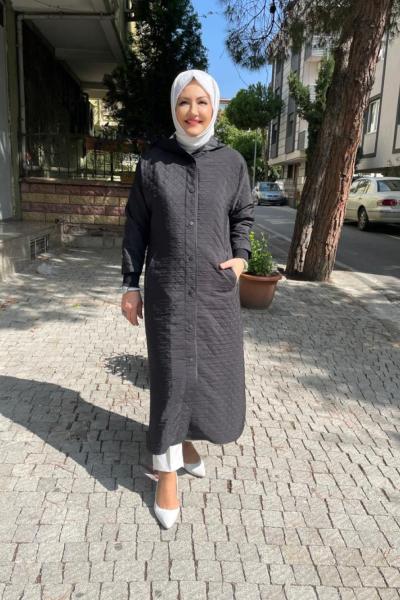 Kapşonlu kol ucu ribanalı kapıtone mont Siyah