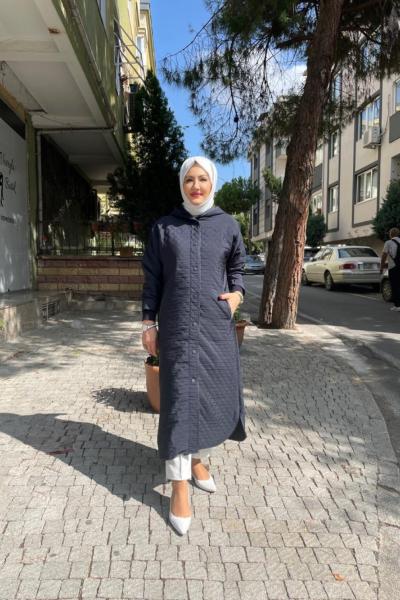 Kapşonlu kol ucu ribanalı kapıtone mont Lacivert