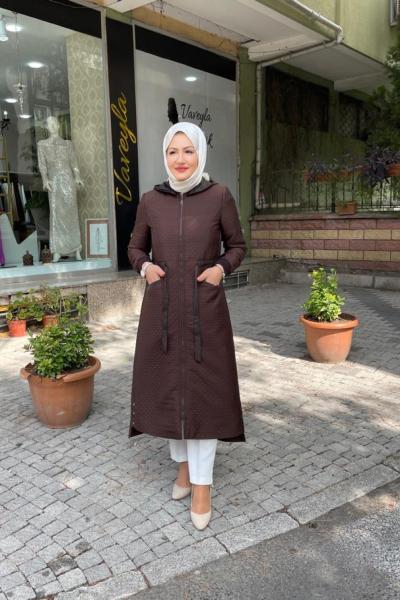 Kapşonlu belden baglamalı mont Acı Kahve
