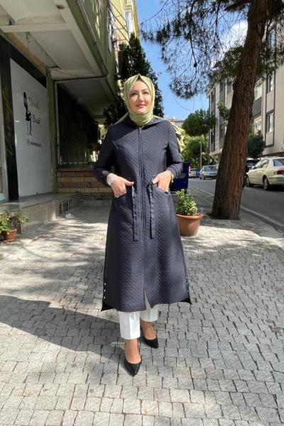 Kapşonlu belden baglamalı mont Lacivert