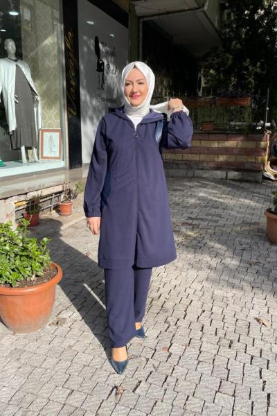 Kapşonlu önden fermuarlı pantolonlun takım Lacivert