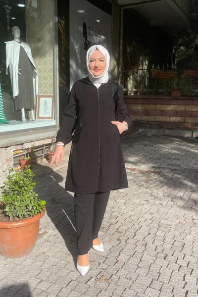 Kapşonlu önden fermuarlı pantolonlun takım Anadolu Siyahı