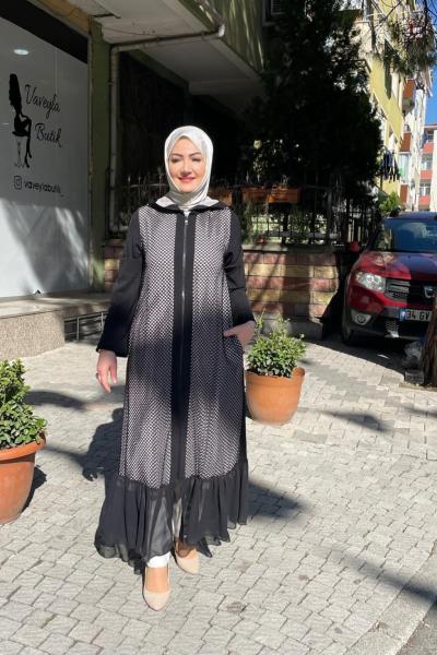 Kapşonlu file detaylı ferace Siyah