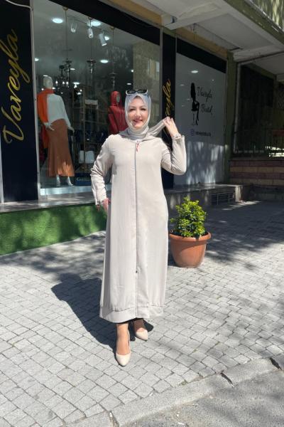Kapşonlu fermuarlı ferace Bej