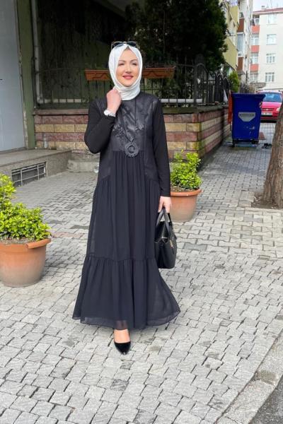 Kat kat şifon detaylı elbise Siyah