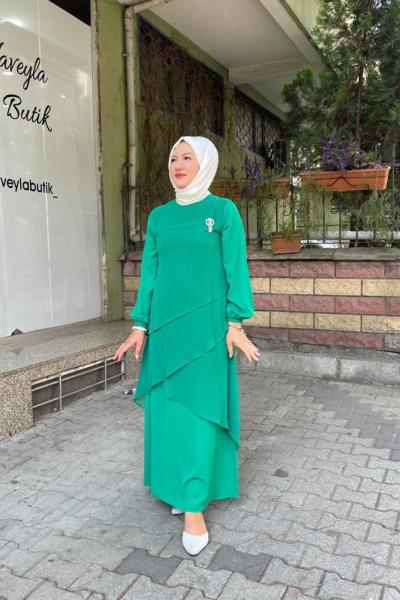 Kat kat şifon detaylı elbıse Yeşil